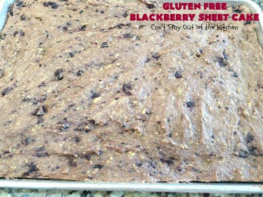 Gluten Free Blackberry Sheet Cake | Can't Stay Out of the Kitchen | your family will never believe this spectacular #cake is #GlutenFree! It's made with #BlackberryPieFilling & has a #CreamCheese icing to die for. Great for the #holidays. #dessert #SheetCake #HolidayDessert #GlutenFreeBlackberrySheetCake