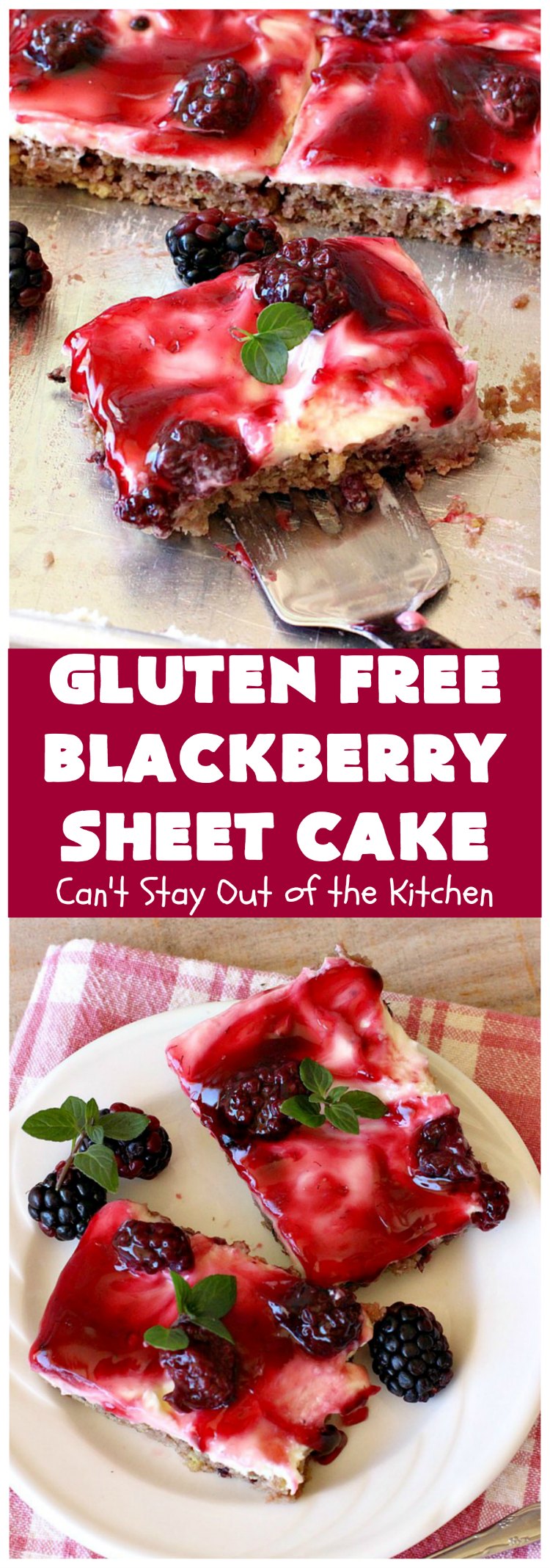 Gluten Free Blackberry Sheet Cake | Can't Stay Out of the Kitchen | your family will never believe this spectacular #cake is #GlutenFree! It's made with #BlackberryPieFilling & has a #CreamCheese icing to die for. Great for the #holidays. #dessert #SheetCake #HolidayDessert #GlutenFreeBlackberrySheetCake