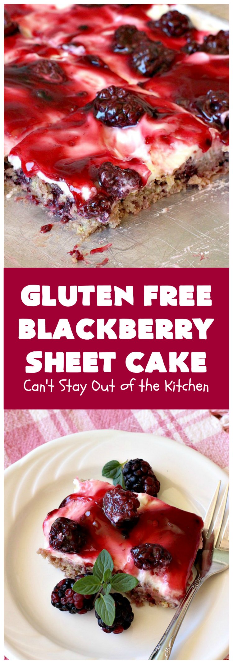 Gluten Free Blackberry Sheet Cake | Can't Stay Out of the Kitchen | your family will never believe this spectacular #cake is #GlutenFree! It's made with #BlackberryPieFilling & has a #CreamCheese icing to die for. Great for the #holidays. #dessert #SheetCake #HolidayDessert #GlutenFreeBlackberrySheetCake
