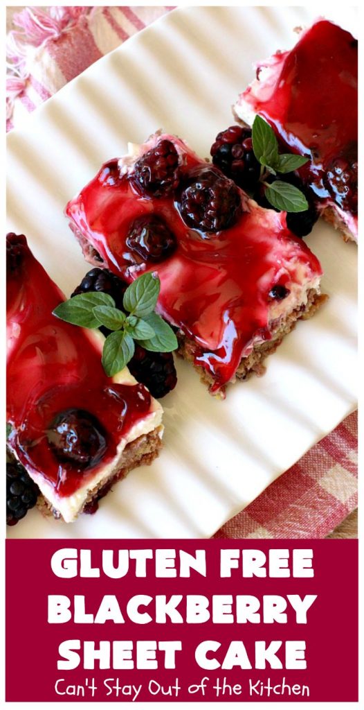 Gluten Free Blackberry Sheet Cake | Can't Stay Out of the Kitchen | your family will never believe this spectacular #cake is #GlutenFree! It's made with #BlackberryPieFilling & has a #CreamCheese icing to die for. Great for the #holidays. #dessert #SheetCake #HolidayDessert #GlutenFreeBlackberrySheetCake