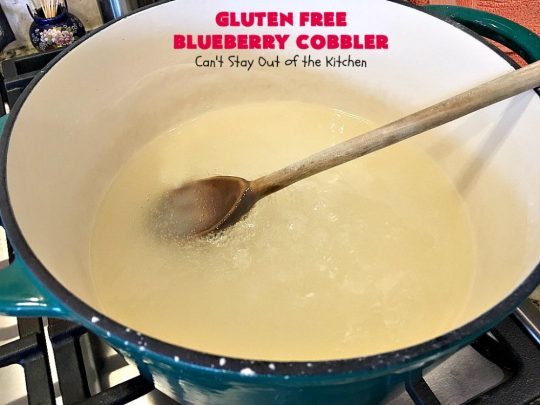 Gluten Free Blueberry Cobbler | Can't Stay Out of the Kitchen | this fantastic #cobbler is perfect for #holiday menus like #MothersDay or #FathersDay. It's filled with fresh #blueberries & has a delightful #glutenfree topping. Then it's served with warm blueberry sauce & ice cream! You'll never believe this decadent #dessert doesn't have regular flour! #BlueberryCobbler 