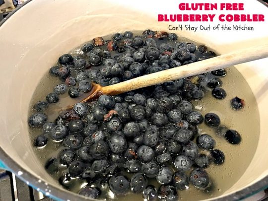 Gluten Free Blueberry Cobbler | Can't Stay Out of the Kitchen | this fantastic #cobbler is perfect for #holiday menus like #MothersDay or #FathersDay. It's filled with fresh #blueberries & has a delightful #glutenfree topping. Then it's served with warm blueberry sauce & ice cream! You'll never believe this decadent #dessert doesn't have regular flour! #BlueberryCobbler 