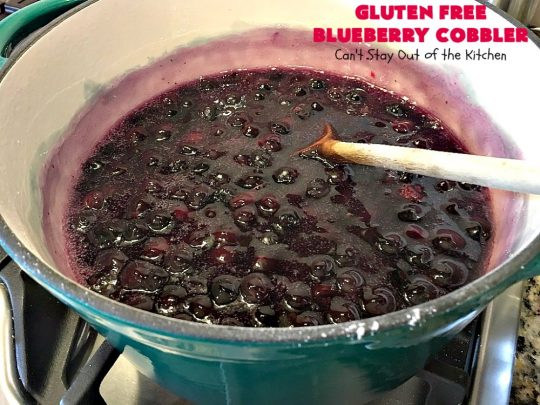 Gluten Free Blueberry Cobbler | Can't Stay Out of the Kitchen | this fantastic #cobbler is perfect for #holiday menus like #MothersDay or #FathersDay. It's filled with fresh #blueberries & has a delightful #glutenfree topping. Then it's served with warm blueberry sauce & ice cream! You'll never believe this decadent #dessert doesn't have regular flour! #BlueberryCobbler 