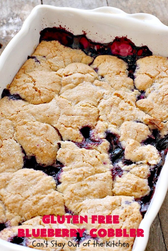 Gluten Free Blueberry Cobbler | Can't Stay Out of the Kitchen | this fantastic #cobbler is perfect for #holiday menus like #MothersDay or #FathersDay. It's filled with fresh #blueberries & has a delightful #glutenfree topping. Then it's served with warm blueberry sauce & ice cream! You'll never believe this decadent #dessert doesn't have regular flour! #BlueberryCobbler 