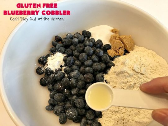 Gluten Free Blueberry Cobbler | Can't Stay Out of the Kitchen | this fantastic #cobbler is perfect for #holiday menus like #MothersDay or #FathersDay. It's filled with fresh #blueberries & has a delightful #glutenfree topping. Then it's served with warm blueberry sauce & ice cream! You'll never believe this decadent #dessert doesn't have regular flour! #BlueberryCobbler 