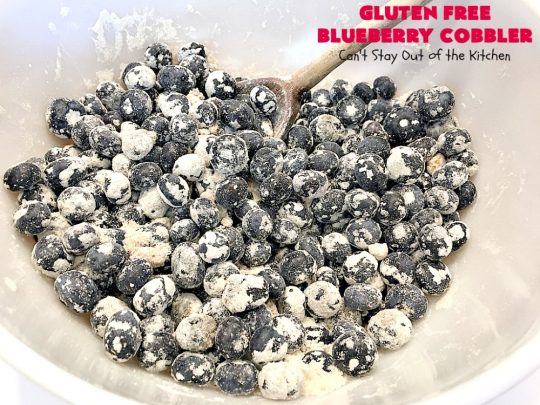 Gluten Free Blueberry Cobbler | Can't Stay Out of the Kitchen | this fantastic #cobbler is perfect for #holiday menus like #MothersDay or #FathersDay. It's filled with fresh #blueberries & has a delightful #glutenfree topping. Then it's served with warm blueberry sauce & ice cream! You'll never believe this decadent #dessert doesn't have regular flour! #BlueberryCobbler 