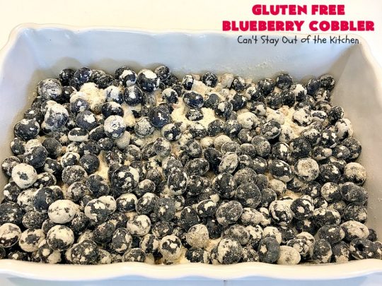 Gluten Free Blueberry Cobbler | Can't Stay Out of the Kitchen | this fantastic #cobbler is perfect for #holiday menus like #MothersDay or #FathersDay. It's filled with fresh #blueberries & has a delightful #glutenfree topping. Then it's served with warm blueberry sauce & ice cream! You'll never believe this decadent #dessert doesn't have regular flour! #BlueberryCobbler 
