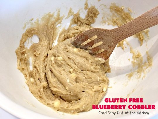 Gluten Free Blueberry Cobbler | Can't Stay Out of the Kitchen | this fantastic #cobbler is perfect for #holiday menus like #MothersDay or #FathersDay. It's filled with fresh #blueberries & has a delightful #glutenfree topping. Then it's served with warm blueberry sauce & ice cream! You'll never believe this decadent #dessert doesn't have regular flour! #BlueberryCobbler 
