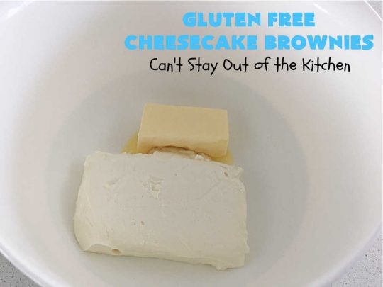 Gluten Free Cheesecake Brownies | Can't Stay Out of the Kitchen | these luscious #brownies have a #cheesecake layer swirled into the batter. They're rich, decadent & divine! On top of that, they're #GlutenFree so you can share them with anyone with gluten intolerance. #dessert #cookie #holiday #HolidayDessert #ChocolateDessert #CheesecakeDessert #coconut #GlutenFreeCheesecakeBrownies