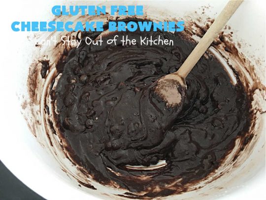 Gluten Free Cheesecake Brownies | Can't Stay Out of the Kitchen | these luscious #brownies have a #cheesecake layer swirled into the batter. They're rich, decadent & divine! On top of that, they're #GlutenFree so you can share them with anyone with gluten intolerance. #dessert #cookie #holiday #HolidayDessert #ChocolateDessert #CheesecakeDessert #coconut #GlutenFreeCheesecakeBrownies