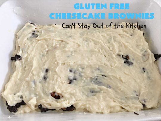 Gluten Free Cheesecake Brownies | Can't Stay Out of the Kitchen | these luscious #brownies have a #cheesecake layer swirled into the batter. They're rich, decadent & divine! On top of that, they're #GlutenFree so you can share them with anyone with gluten intolerance. #dessert #cookie #holiday #HolidayDessert #ChocolateDessert #CheesecakeDessert #coconut #GlutenFreeCheesecakeBrownies