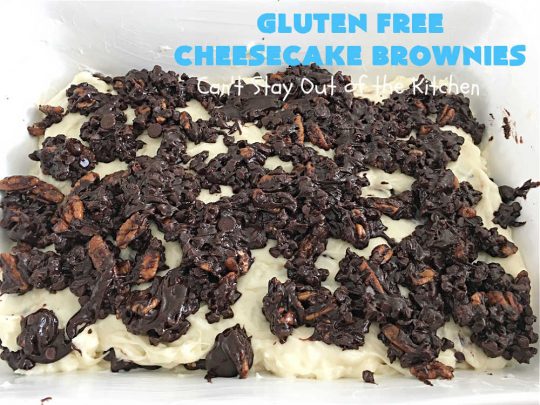 Gluten Free Cheesecake Brownies | Can't Stay Out of the Kitchen | these luscious #brownies have a #cheesecake layer swirled into the batter. They're rich, decadent & divine! On top of that, they're #GlutenFree so you can share them with anyone with gluten intolerance. #dessert #cookie #holiday #HolidayDessert #ChocolateDessert #CheesecakeDessert #coconut #GlutenFreeCheesecakeBrownies
