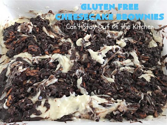 Gluten Free Cheesecake Brownies | Can't Stay Out of the Kitchen | these luscious #brownies have a #cheesecake layer swirled into the batter. They're rich, decadent & divine! On top of that, they're #GlutenFree so you can share them with anyone with gluten intolerance. #dessert #cookie #holiday #HolidayDessert #ChocolateDessert #CheesecakeDessert #coconut #GlutenFreeCheesecakeBrownies