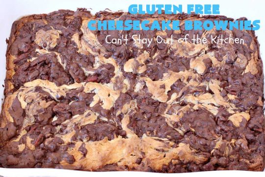 Gluten Free Cheesecake Brownies | Can't Stay Out of the Kitchen | these luscious #brownies have a #cheesecake layer swirled into the batter. They're rich, decadent & divine! On top of that, they're #GlutenFree so you can share them with anyone with gluten intolerance. #dessert #cookie #holiday #HolidayDessert #ChocolateDessert #CheesecakeDessert #coconut #GlutenFreeCheesecakeBrownies