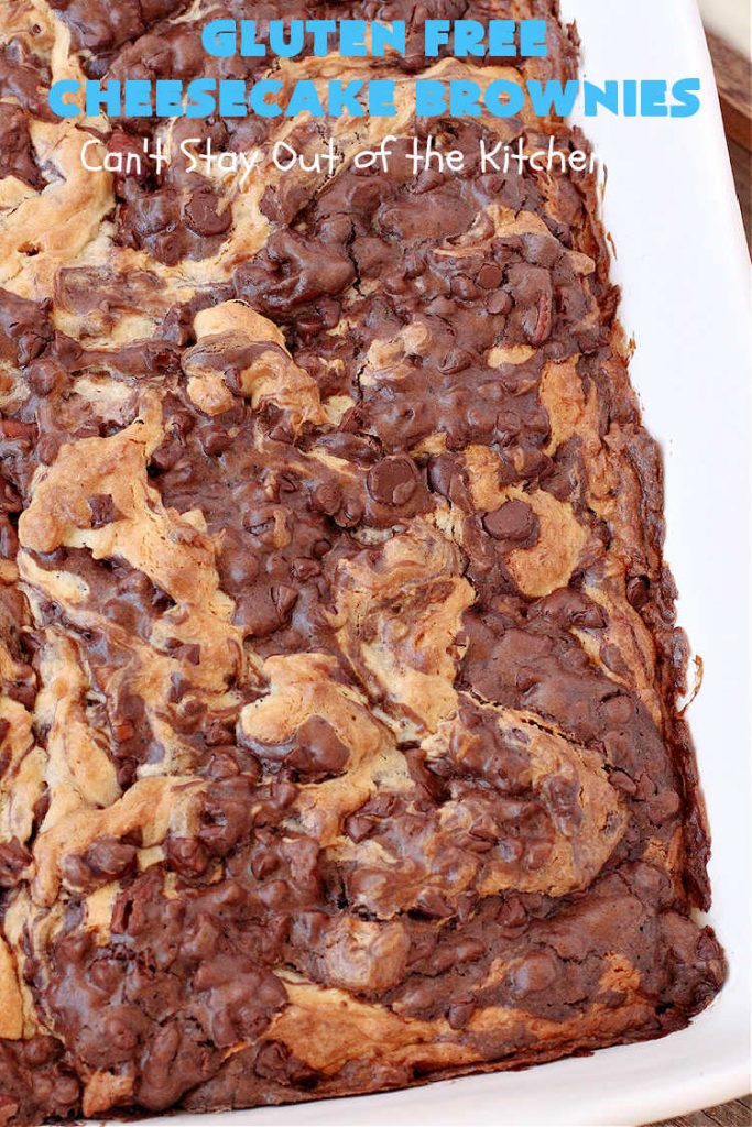 Gluten Free Cheesecake Brownies | Can't Stay Out of the Kitchen | these luscious #brownies have a #cheesecake layer swirled into the batter. They're rich, decadent & divine! On top of that, they're #GlutenFree so you can share them with anyone with gluten intolerance. #dessert #cookie #holiday #HolidayDessert #ChocolateDessert #CheesecakeDessert #coconut #GlutenFreeCheesecakeBrownies