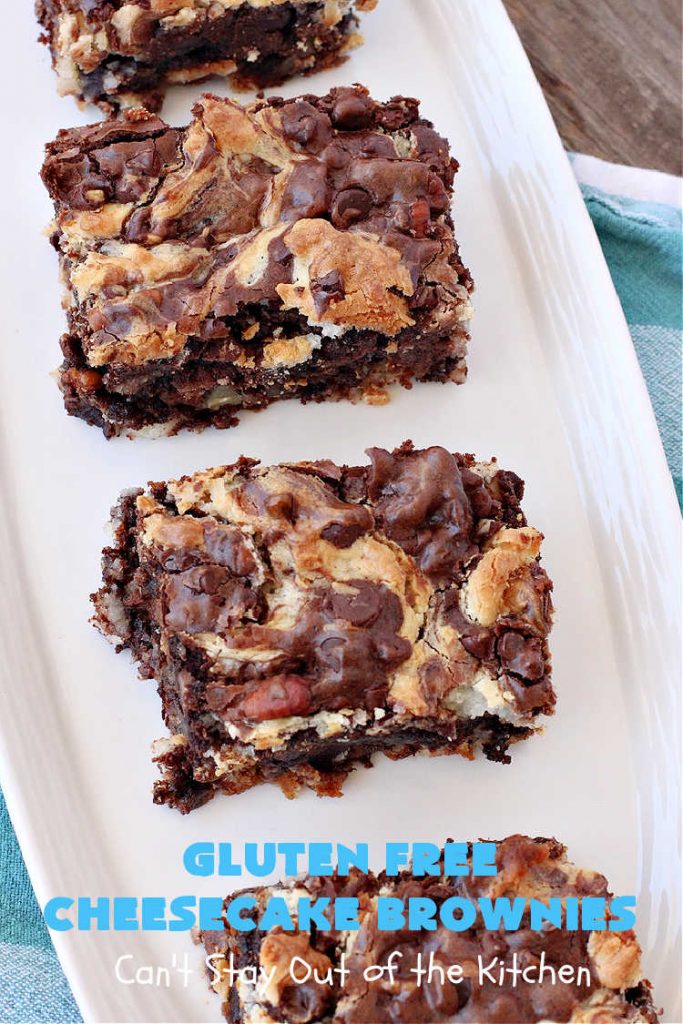 Gluten Free Cheesecake Brownies | Can't Stay Out of the Kitchen | these luscious #brownies have a #cheesecake layer swirled into the batter. They're rich, decadent & divine! On top of that, they're #GlutenFree so you can share them with anyone with gluten intolerance. #dessert #cookie #holiday #HolidayDessert #ChocolateDessert #CheesecakeDessert #coconut #GlutenFreeCheesecakeBrownies