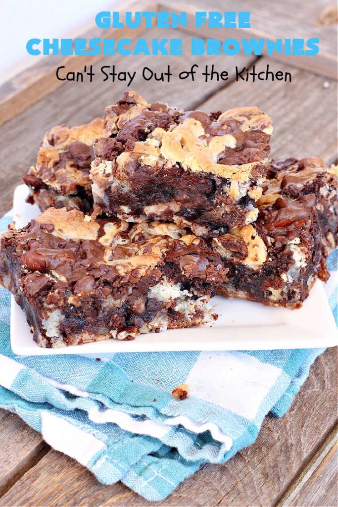 Gluten Free Cheesecake Brownies | Can't Stay Out of the Kitchen | these luscious #brownies have a #cheesecake layer swirled into the batter. They're rich, decadent & divine! On top of that, they're #GlutenFree so you can share them with anyone with gluten intolerance. #dessert #cookie #holiday #HolidayDessert #ChocolateDessert #CheesecakeDessert #coconut #GlutenFreeCheesecakeBrownies