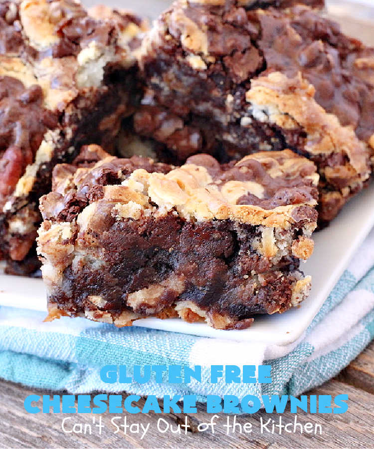 Gluten Free Cheesecake Brownies | Can't Stay Out of the Kitchen | these luscious #brownies have a #cheesecake layer swirled into the batter. They're rich, decadent & divine! On top of that, they're #GlutenFree so you can share them with anyone with gluten intolerance. #dessert #cookie #holiday #HolidayDessert #ChocolateDessert #CheesecakeDessert #coconut #GlutenFreeCheesecakeBrownies