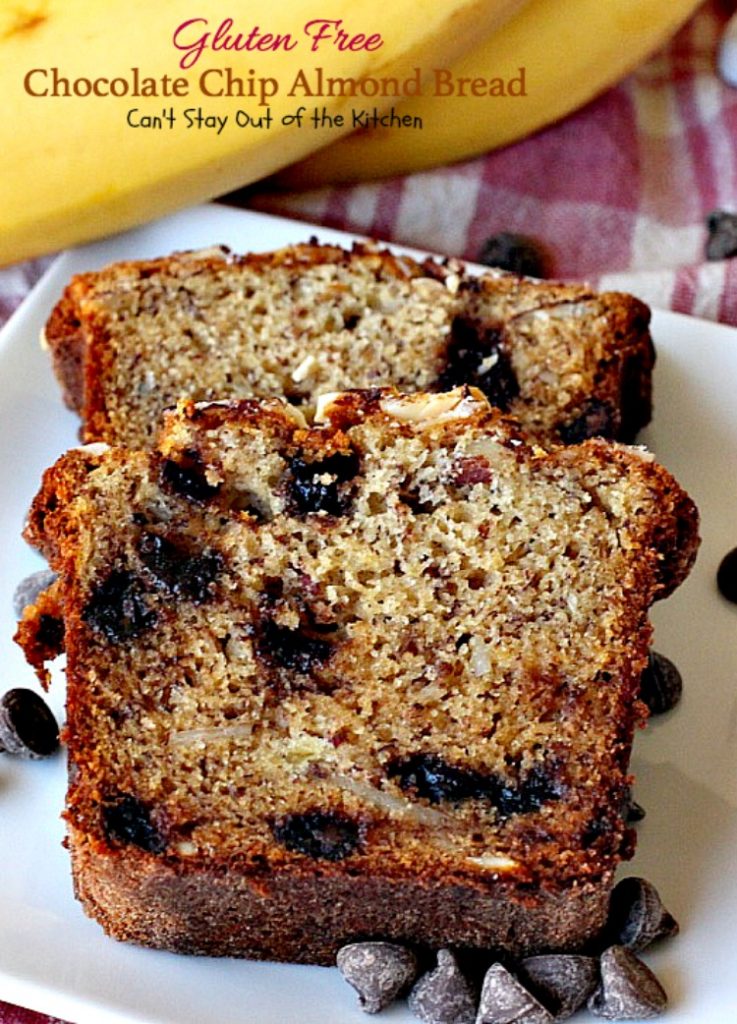 Gluten Free Chocolate Chip Almond Bread | Can't Stay Out of the Kitchen | this delicious #breakfast #bread is heavenly. It's filled with #chocolatechips #bananas and #almonds. #glutenfree