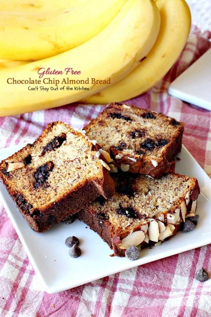 Gluten Free Chocolate Chip Almond Bread | Can't Stay Out of the Kitchen | this delicious #breakfast #bread is heavenly. It's filled with #chocolatechips #bananas and #almonds. #glutenfree