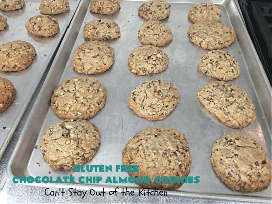 Gluten Free Chocolate Chip Almond Cookies | Can't Stay Out of the Kitchen | You'll never be able to tell these are #GlutenFree #cookies! They're filled with #almonds & #ChocolateChips & made with #Krusteaz GF flour. Excellent for #tailgating, potlucks, #HolidayBaking or a #ChristmasCookieExchange. #holiday #chocolate #dessert #GlutenFreeDessert #GlutenFreeChocolateChipAlmondCookies