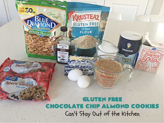 Gluten Free Chocolate Chip Almond Cookies | Can't Stay Out of the Kitchen | You'll never be able to tell these are #GlutenFree #cookies! They're filled with #almonds & #ChocolateChips & made with #Krusteaz GF flour. Excellent for #tailgating, potlucks, #HolidayBaking or a #ChristmasCookieExchange. #holiday #chocolate #dessert #GlutenFreeDessert #GlutenFreeChocolateChipAlmondCookies 