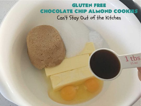 Gluten Free Chocolate Chip Almond Cookies | Can't Stay Out of the Kitchen | You'll never be able to tell these are #GlutenFree #cookies! They're filled with #almonds & #ChocolateChips & made with #Krusteaz GF flour. Excellent for #tailgating, potlucks, #HolidayBaking or a #ChristmasCookieExchange. #holiday #chocolate #dessert #GlutenFreeDessert #GlutenFreeChocolateChipAlmondCookies