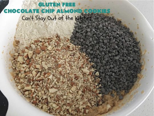 Gluten Free Chocolate Chip Almond Cookies | Can't Stay Out of the Kitchen | You'll never be able to tell these are #GlutenFree #cookies! They're filled with #almonds & #ChocolateChips & made with #Krusteaz GF flour. Excellent for #tailgating, potlucks, #HolidayBaking or a #ChristmasCookieExchange. #holiday #chocolate #dessert #GlutenFreeDessert #GlutenFreeChocolateChipAlmondCookies