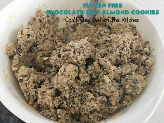 Gluten Free Chocolate Chip Almond Cookies | Can't Stay Out of the Kitchen | You'll never be able to tell these are #GlutenFree #cookies! They're filled with #almonds & #ChocolateChips & made with #Krusteaz GF flour. Excellent for #tailgating, potlucks, #HolidayBaking or a #ChristmasCookieExchange. #holiday #chocolate #dessert #GlutenFreeDessert #GlutenFreeChocolateChipAlmondCookies