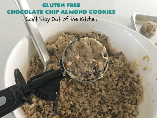Gluten Free Chocolate Chip Almond Cookies | Can't Stay Out of the Kitchen | You'll never be able to tell these are #GlutenFree #cookies! They're filled with #almonds & #ChocolateChips & made with #Krusteaz GF flour. Excellent for #tailgating, potlucks, #HolidayBaking or a #ChristmasCookieExchange. #holiday #chocolate #dessert #GlutenFreeDessert #GlutenFreeChocolateChipAlmondCookies