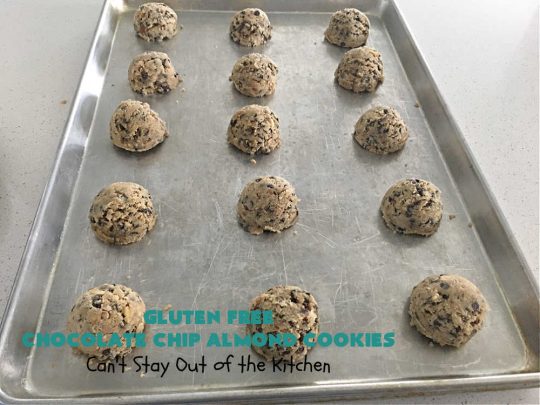 Gluten Free Chocolate Chip Almond Cookies | Can't Stay Out of the Kitchen | You'll never be able to tell these are #GlutenFree #cookies! They're filled with #almonds & #ChocolateChips & made with #Krusteaz GF flour. Excellent for #tailgating, potlucks, #HolidayBaking or a #ChristmasCookieExchange. #holiday #chocolate #dessert #GlutenFreeDessert #GlutenFreeChocolateChipAlmondCookies