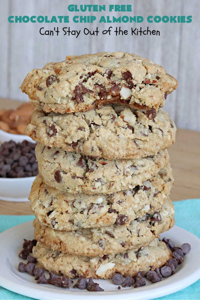 Gluten Free Chocolate Chip Almond Cookies | Can't Stay Out of the Kitchen | You'll never be able to tell these are #GlutenFree #cookies! They're filled with #almonds & #ChocolateChips & made with #Krusteaz GF flour. Excellent for #tailgating, potlucks, #HolidayBaking or a #ChristmasCookieExchange. #holiday #chocolate #dessert #GlutenFreeDessert #GlutenFreeChocolateChipAlmondCookies