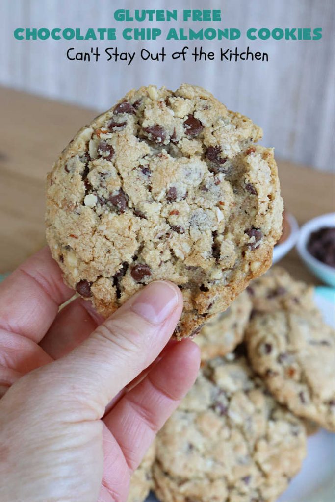 Gluten Free Chocolate Chip Almond Cookies | Can't Stay Out of the Kitchen | You'll never be able to tell these are #GlutenFree #cookies! They're filled with #almonds & #ChocolateChips & made with #Krusteaz GF flour. Excellent for #tailgating, potlucks, #HolidayBaking or a #ChristmasCookieExchange. #holiday #chocolate #dessert #GlutenFreeDessert #GlutenFreeChocolateChipAlmondCookies