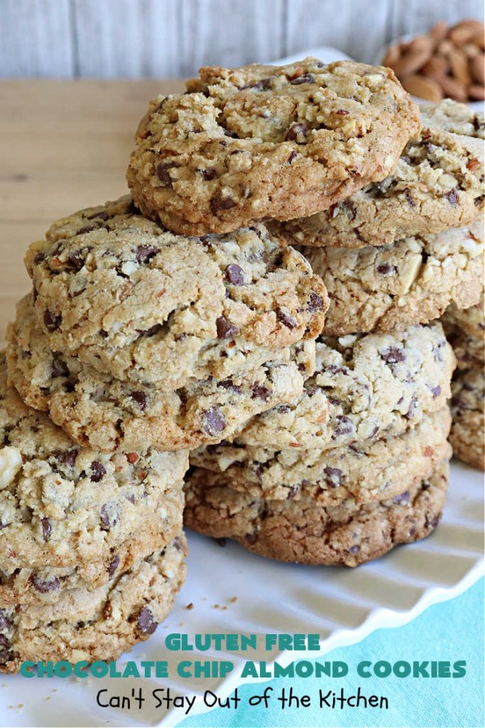 Gluten Free Chocolate Chip Almond Cookies | Can't Stay Out of the Kitchen | You'll never be able to tell these are #GlutenFree #cookies! They're filled with #almonds & #ChocolateChips & made with #Krusteaz GF flour. Excellent for #tailgating, potlucks, #HolidayBaking or a #ChristmasCookieExchange. #holiday #chocolate #dessert #GlutenFreeDessert #GlutenFreeChocolateChipAlmondCookies