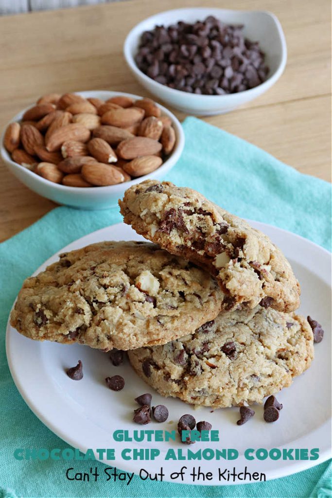 Gluten Free Chocolate Chip Almond Cookies | Can't Stay Out of the Kitchen | You'll never be able to tell these are #GlutenFree #cookies! They're filled with #almonds & #ChocolateChips & made with #Krusteaz GF flour. Excellent for #tailgating, potlucks, #HolidayBaking or a #ChristmasCookieExchange. #holiday #chocolate #dessert #GlutenFreeDessert #GlutenFreeChocolateChipAlmondCookies