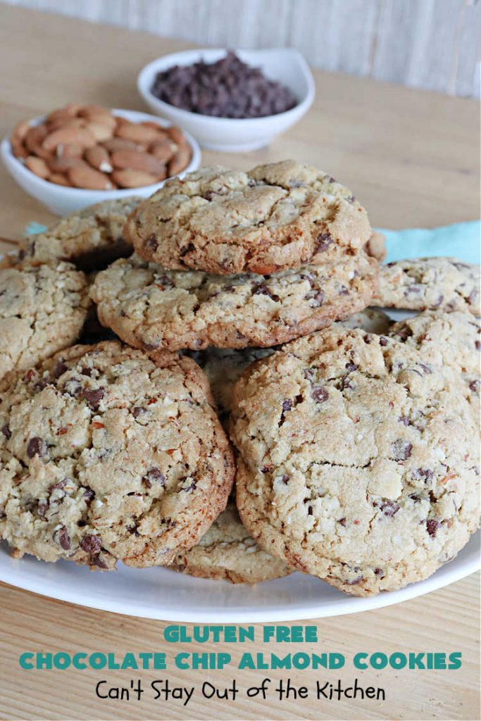 Gluten Free Chocolate Chip Almond Cookies | Can't Stay Out of the Kitchen | You'll never be able to tell these are #GlutenFree #cookies! They're filled with #almonds & #ChocolateChips & made with #Krusteaz GF flour. Excellent for #tailgating, potlucks, #HolidayBaking or a #ChristmasCookieExchange. #holiday #chocolate #dessert #GlutenFreeDessert #GlutenFreeChocolateChipAlmondCookies
