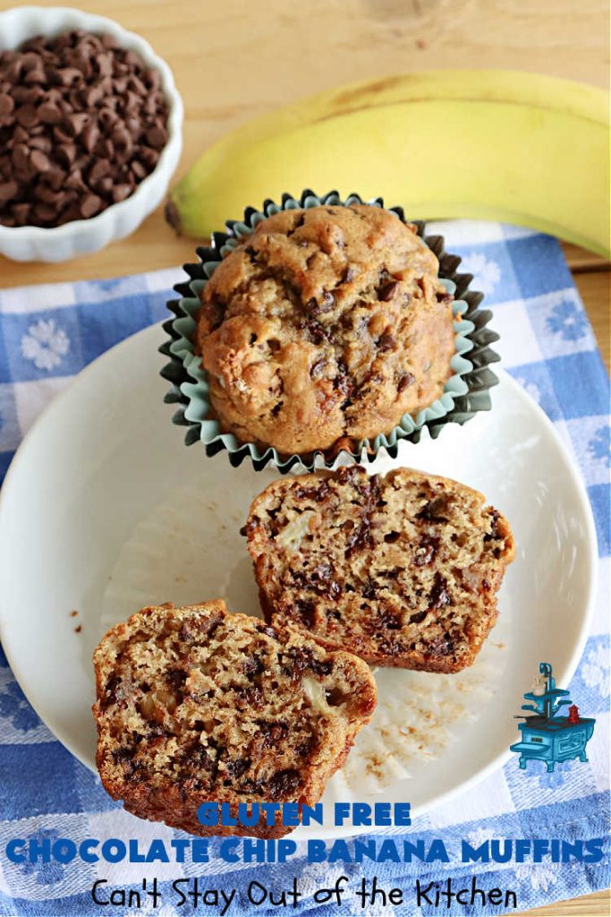 Gluten Free Chocolate Chip Banana Muffins | Can't Stay Out of the Kitchen | You'll never believe you're eating #GlutenFree #muffins with this #recipe! These #BreakfastMuffins have great texture & taste. In fact, they're so drool-worthy you'll be swooning from the first bite. #walnuts #cinnamon #bananas #chocolate #GlutenFreeFlour #ChocolateChips #holiday #breakfast #HolidayBreakfast #Thanksgiving #Christmas #NewYearsDay #GlutenFreeChocolateChipBananaMuffins