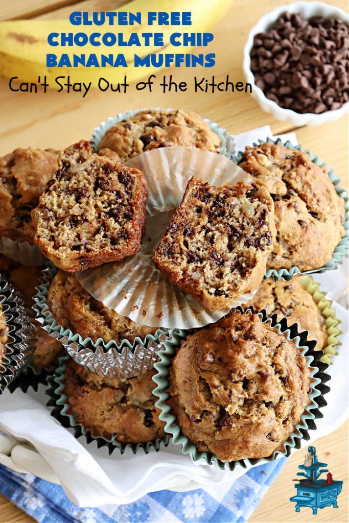 Gluten Free Chocolate Chip Banana Muffins | Can't Stay Out of the Kitchen | You'll never believe you're eating #GlutenFree #muffins with this #recipe! These #BreakfastMuffins have great texture & taste. In fact, they're so drool-worthy you'll be swooning from the first bite. #walnuts #cinnamon #bananas #chocolate #GlutenFreeFlour #ChocolateChips #holiday #breakfast #HolidayBreakfast #Thanksgiving #Christmas #NewYearsDay #GlutenFreeChocolateChipBananaMuffins