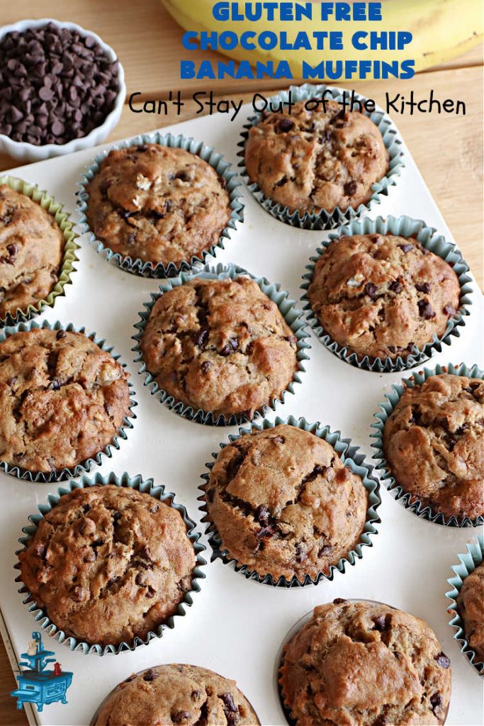 Gluten Free Chocolate Chip Banana Muffins | Can't Stay Out of the Kitchen | You'll never believe you're eating #GlutenFree #muffins with this #recipe! These #BreakfastMuffins have great texture & taste. In fact, they're so drool-worthy you'll be swooning from the first bite. #walnuts #cinnamon #bananas #chocolate #GlutenFreeFlour #ChocolateChips #holiday #breakfast #HolidayBreakfast #Thanksgiving #Christmas #NewYearsDay #GlutenFreeChocolateChipBananaMuffins
