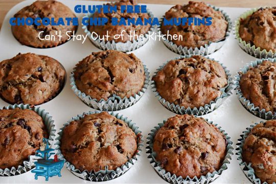 Gluten Free Chocolate Chip Banana Muffins | Can't Stay Out of the Kitchen | You'll never believe you're eating #GlutenFree #muffins with this #recipe! These #BreakfastMuffins have great texture & taste. In fact, they're so drool-worthy you'll be swooning from the first bite. #walnuts #cinnamon #bananas #chocolate #GlutenFreeFlour #ChocolateChips #holiday #breakfast #HolidayBreakfast #Thanksgiving #Christmas #NewYearsDay #GlutenFreeChocolateChipBananaMuffins