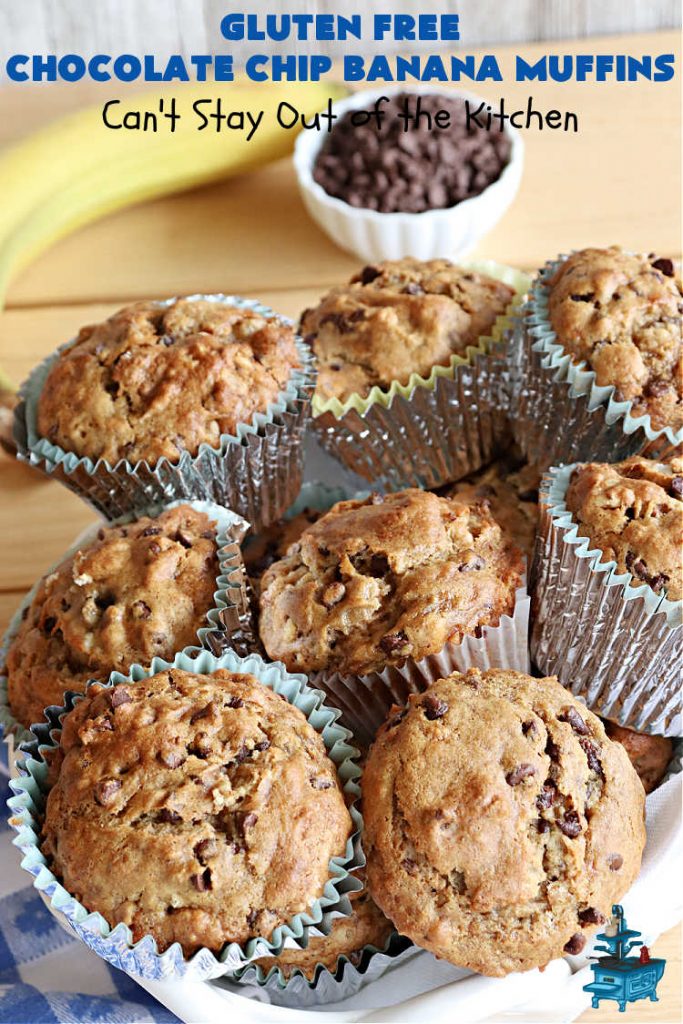 Gluten Free Chocolate Chip Banana Muffins | Can't Stay Out of the Kitchen | You'll never believe you're eating #GlutenFree #muffins with this #recipe! These #BreakfastMuffins have great texture & taste. In fact, they're so drool-worthy you'll be swooning from the first bite. #walnuts #cinnamon #bananas #chocolate #GlutenFreeFlour #ChocolateChips #holiday #breakfast #HolidayBreakfast #Thanksgiving #Christmas #NewYearsDay #GlutenFreeChocolateChipBananaMuffinsGluten Free Chocolate Chip Banana Muffins | Can't Stay Out of the Kitchen | You'll never believe you're eating #GlutenFree #muffins with this #recipe! These #BreakfastMuffins have great texture & taste. In fact, they're so drool-worthy you'll be swooning from the first bite. #walnuts #cinnamon #bananas #chocolate #GlutenFreeFlour #ChocolateChips #holiday #breakfast #HolidayBreakfast #Thanksgiving #Christmas #NewYearsDay #GlutenFreeChocolateChipBananaMuffins