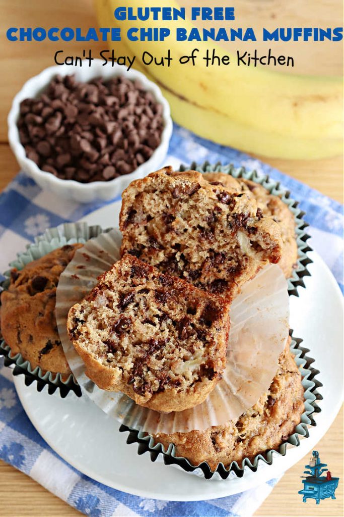 Gluten Free Chocolate Chip Banana Muffins | Can't Stay Out of the Kitchen | You'll never believe you're eating #GlutenFree #muffins with this #recipe! These #BreakfastMuffins have great texture & taste. In fact, they're so drool-worthy you'll be swooning from the first bite. #walnuts #cinnamon #bananas #chocolate #GlutenFreeFlour #ChocolateChips #holiday #breakfast #HolidayBreakfast #Thanksgiving #Christmas #NewYearsDay #GlutenFreeChocolateChipBananaMuffins