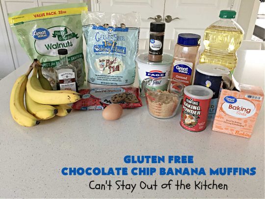 Gluten Free Chocolate Chip Banana Muffins | Can't Stay Out of the Kitchen | You'll never believe you're eating #GlutenFree #muffins with this #recipe! These #BreakfastMuffins have great texture & taste. In fact, they're so drool-worthy you'll be swooning from the first bite. #walnuts #cinnamon #bananas #chocolate #GlutenFreeFlour #ChocolateChips #holiday #breakfast #HolidayBreakfast #Thanksgiving #Christmas #NewYearsDay #GlutenFreeChocolateChipBananaMuffins