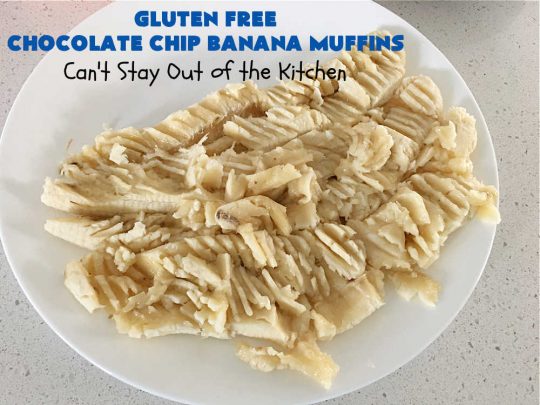 Gluten Free Chocolate Chip Banana Muffins | Can't Stay Out of the Kitchen | You'll never believe you're eating #GlutenFree #muffins with this #recipe! These #BreakfastMuffins have great texture & taste. In fact, they're so drool-worthy you'll be swooning from the first bite. #walnuts #cinnamon #bananas #chocolate #GlutenFreeFlour #ChocolateChips #holiday #breakfast #HolidayBreakfast #Thanksgiving #Christmas #NewYearsDay #GlutenFreeChocolateChipBananaMuffins