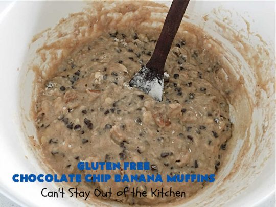Gluten Free Chocolate Chip Banana Muffins | Can't Stay Out of the Kitchen | You'll never believe you're eating #GlutenFree #muffins with this #recipe! These #BreakfastMuffins have great texture & taste. In fact, they're so drool-worthy you'll be swooning from the first bite. #walnuts #cinnamon #bananas #chocolate #GlutenFreeFlour #ChocolateChips #holiday #breakfast #HolidayBreakfast #Thanksgiving #Christmas #NewYearsDay #GlutenFreeChocolateChipBananaMuffins