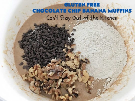 Gluten Free Chocolate Chip Banana Muffins | Can't Stay Out of the Kitchen | You'll never believe you're eating #GlutenFree #muffins with this #recipe! These #BreakfastMuffins have great texture & taste. In fact, they're so drool-worthy you'll be swooning from the first bite. #walnuts #cinnamon #bananas #chocolate #GlutenFreeFlour #ChocolateChips #holiday #breakfast #HolidayBreakfast #Thanksgiving #Christmas #NewYearsDay #GlutenFreeChocolateChipBananaMuffins