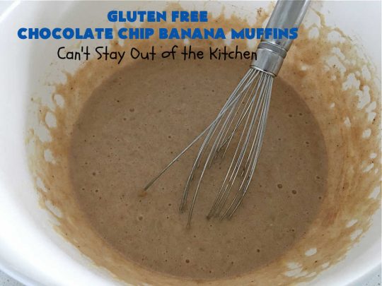 Gluten Free Chocolate Chip Banana Muffins | Can't Stay Out of the Kitchen | You'll never believe you're eating #GlutenFree #muffins with this #recipe! These #BreakfastMuffins have great texture & taste. In fact, they're so drool-worthy you'll be swooning from the first bite. #walnuts #cinnamon #bananas #chocolate #GlutenFreeFlour #ChocolateChips #holiday #breakfast #HolidayBreakfast #Thanksgiving #Christmas #NewYearsDay #GlutenFreeChocolateChipBananaMuffins