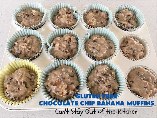 Gluten Free Chocolate Chip Banana Muffins | Can't Stay Out of the Kitchen | You'll never believe you're eating #GlutenFree #muffins with this #recipe! These #BreakfastMuffins have great texture & taste. In fact, they're so drool-worthy you'll be swooning from the first bite. #walnuts #cinnamon #bananas #chocolate #GlutenFreeFlour #ChocolateChips #holiday #breakfast #HolidayBreakfast #Thanksgiving #Christmas #NewYearsDay #GlutenFreeChocolateChipBananaMuffins