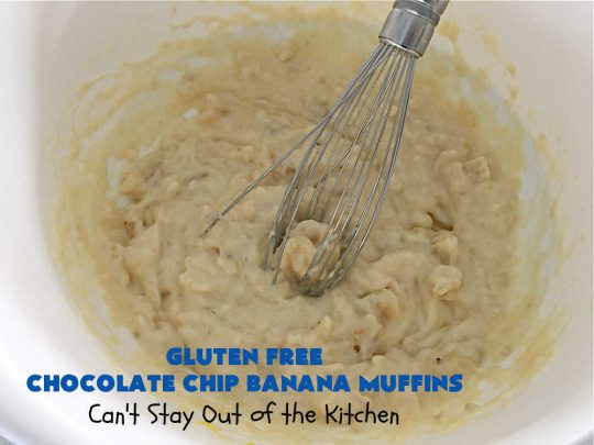 Gluten Free Chocolate Chip Banana Muffins | Can't Stay Out of the Kitchen | You'll never believe you're eating #GlutenFree #muffins with this #recipe! These #BreakfastMuffins have great texture & taste. In fact, they're so drool-worthy you'll be swooning from the first bite. #walnuts #cinnamon #bananas #chocolate #GlutenFreeFlour #ChocolateChips #holiday #breakfast #HolidayBreakfast #Thanksgiving #Christmas #NewYearsDay #GlutenFreeChocolateChipBananaMuffins
