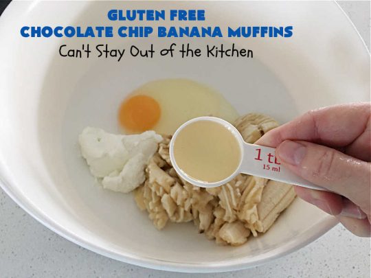 Gluten Free Chocolate Chip Banana Muffins | Can't Stay Out of the Kitchen | You'll never believe you're eating #GlutenFree #muffins with this #recipe! These #BreakfastMuffins have great texture & taste. In fact, they're so drool-worthy you'll be swooning from the first bite. #walnuts #cinnamon #bananas #chocolate #GlutenFreeFlour #ChocolateChips #holiday #breakfast #HolidayBreakfast #Thanksgiving #Christmas #NewYearsDay #GlutenFreeChocolateChipBananaMuffins